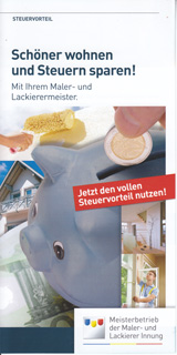 Bei Maler,- und Lackierarbeiten / Fassadengestaltung / Wohnungsrenovierung / Renovierungsarbeiten am Haus bei Wohnungseigentümern und Mietern, gehört die Handwerkerrechnung vom Maler Fachgeschäft Allion
aus Straubenhardt in Ihre Steuererklärung! Bei Malerarbeiten zum Beispiel in Keltern oder Karlsbad bis zu 1.200 Euro Steuerbonus auf die Handwerkerleistung im Jahr sparen. Setzten Sie die von Ihren Maler- und Lackierermeistern Dirk und Torsten Allion, vom Maler - Fachgeschäft Allion
aus Straubenhardt - Feldrennach ausgeführten Handwerksleistungen / Malerarbeiten in Marxzell oder Karlsbad von Ihrer Einkommessteuer ab. Steuerbohnus auf Handwerksleistungen zum Beispiel für Fassadenreovierung in Birkenfeld und Remchingen. Bodenbelagsarbeiten (Teppich, Laminat, Kork, Vinylboden) in Waldbronn, Keltern, Höfen. Kellerdeckendämmung bei Bad Herrenalb - Dachbodendämmung in Neuenbürg und Dobel - Neusatz. Fensteranstrich in Bad Wildbad - Calmbach, Renovierung Ihrer Wohnräume in Langensteinbach - Auerbach - Kleinsteinbach oder Schimmelsanierung in Waldbronn - Etzenrot. Gerne Informieren Maler,- und Lackierermeister Dirk und Torsten Allion vom Malerbetrieb Allion aus 75334 Straubenhardt - Feldrennach / Conweiler Sie über den Steuerbohnus für Handwerksleistungen, bei Ihren anstehenden Malerarbeiten - Renovierungen - Wärmedämmung - Bodenbelagsarbeiten und das anrechnen bei Ihrer Einkommessteuererklärung in Schömberg, Burbach oder Ettlingen. 052019